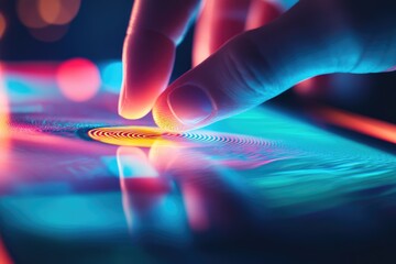 A finger scans a vibrant, digital fingerprint on a futuristic screen, showcasing advanced biometric technology.