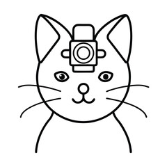 Minimalist cat with action camera on head line art vector illustration for graphic design