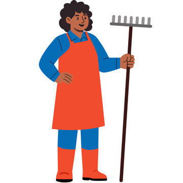 gardener holding rake, orange apron, blue outfit clip art preview