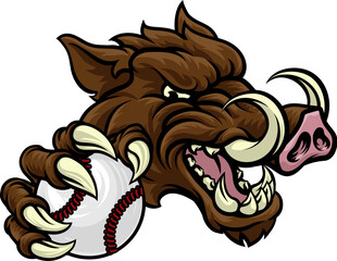 A wild boar, hog razorback warthog pig mean tough cartoon sports mascot holding a baseball ball