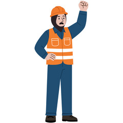 muslim worker wearing hijab raising a fist