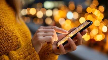 Person using a smartphone at night with blurred lights