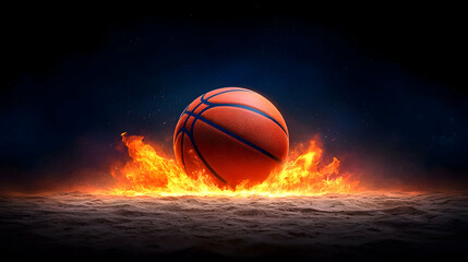 Obraz premium Pixel Art Basketball engulfed in Fiery Flames on Dark Ground
