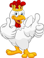 A chicken rooster cockerel bird cartoon character in a kings gold crown giving a double thumbs up