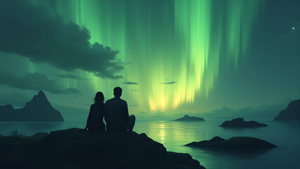 Fototapeta premium Silhouette Couple Watching Aurora Borealis, Romantic Night Landscape