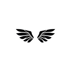 Minimalist logo black silhouette wings, vector style, spread design, centered on white. Geometric shapes and clean lines emphasize balance, symmetry, and visual clarity for aviation or freedom themes