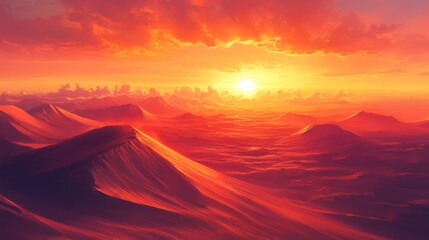 Vivid crimson sunset painting a surreal desert landscape with otherworldly hues, creating an ethereal scene