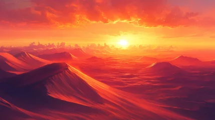Vivid crimson sunset painting a surreal desert landscape with otherworldly hues, creating an ethereal scene