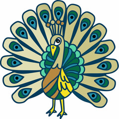 Obraz premium Vibrant vector illustration of a colorful peacock with fully open feathers, perfect for prints, décor, and digital art projects.