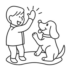 Line art illustration of a boy giving a high five to his loyal dog