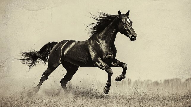 Majestic black stallion running free in a sepia toned field wild mane tail dust horse image photo