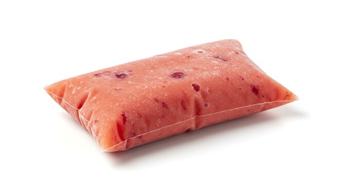 frozen sweet brazilian ice candy name geladinho chupchup sacole or dindin made with Strawberry ice cream in the bag Brazilian food white food background. Brazilian food