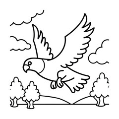 Cartoon eagle flying above a landscape with clouds and trees simple black outline