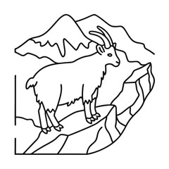 Mountain goat on rocky cliff with mountain range background minimalist outline illustration