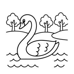 Minimalist outline drawing of a swan floating on water near trees on hills
