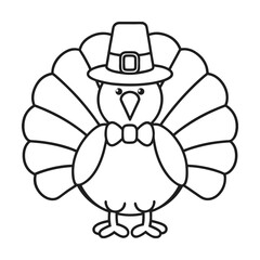 Thanksgiving turkey outline wearing pilgrim hat and bow tie illustration for coloring pages and crafts