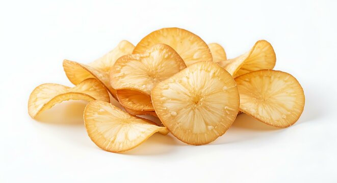 Thinly sliced cassava chips snack white background. Brazilian food