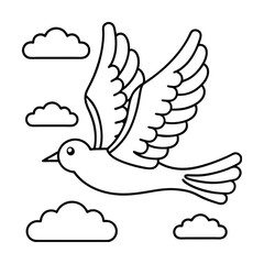 Simple outline of a flying dove bird surrounded by clouds in the sky