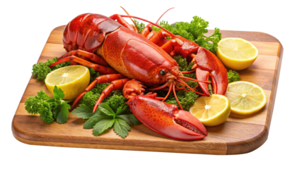 A delicious red lobster plated with lemon and parsley on wooden board
