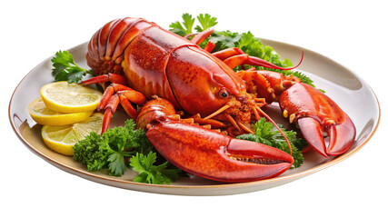 Cooked lobster with lemon and parsley on a plate ready to eat