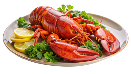 Cooked lobster with lemon and parsley on a plate ready to eat
