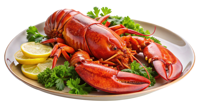 Cooked lobster with lemon and parsley on a plate ready to eat