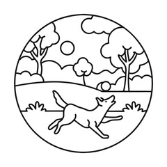 Minimalist circular illustration of dog running in nature scene featuring trees and hills outline