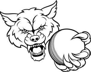 A wolf angry animal sports mascot holding a cricket ball