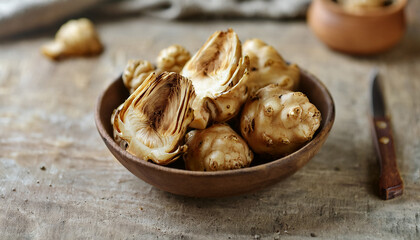 Fototapeta premium Bowl of fresh organic Jerusalem artichoke. Natural product.