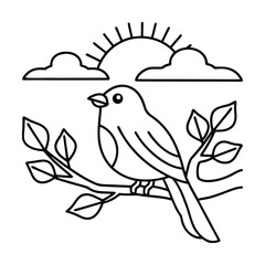 Bird perched on branch with sun and clouds black and white line art illustration