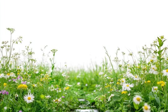 Lush green meadow teeming with wildflowers, daisies, and grasses, isolated on a white background.