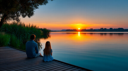 father daughter fishing sunrise dock