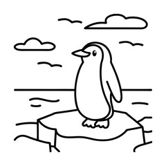 Simple penguin on iceberg outline illustration with ocean waves and clouds cartoon vector design