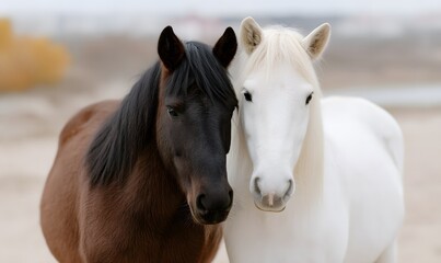 Fototapeta premium a black horse and a white horse embracing each other, Generative AI