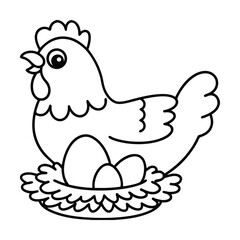 Cute hen sitting on nest with eggs black and white outline illustration