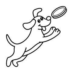 Cartoon outline of a dog catching frisbee simple vector illustration for kids and educational projects
