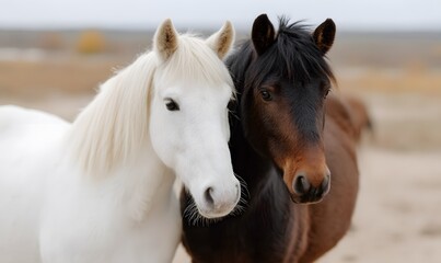 Obraz premium a black horse and a white horse embracing each other, Generative AI