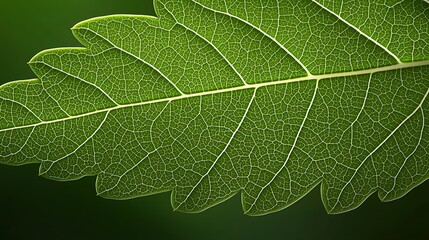 Obraz premium Detailed close-up of a bright green leaf, showcasing its intricate venation on a blurred green backdrop