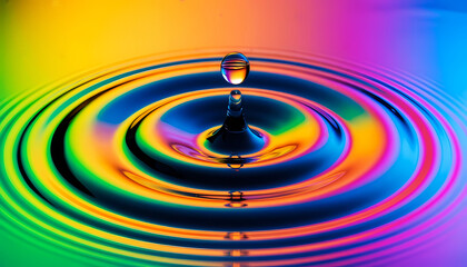 the moment a drop falls into the water, creating waves. The surface of the water is painted in bright, shimmering colors from yellow to blue, creating a mesmerizing effect