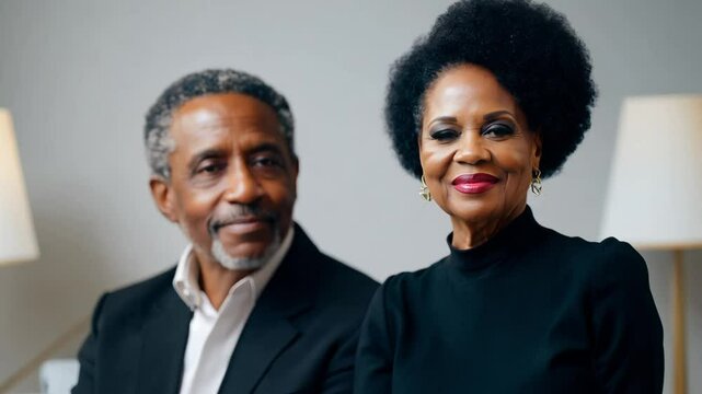 The camera slowly zooms in to capture an older black woman with deep ebony skin and an older latino man with olive skin in a minimalist, modern living room