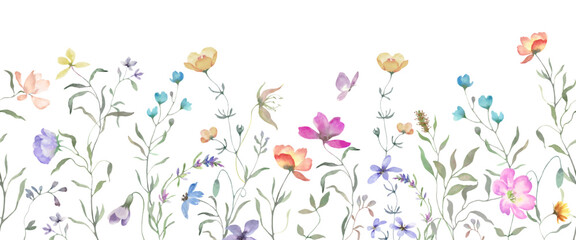 Seamless watercolor border. Hand drawn floral illustration isolated on white background. Vector EPS.
