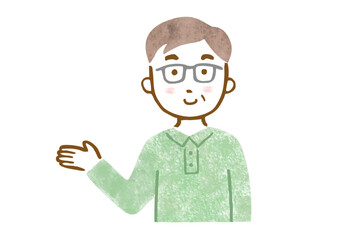笑顔で案内するシニア男性の上半身イラスト（手描き風）