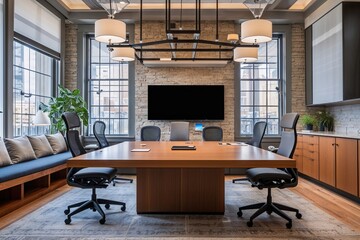 Stylish Workspace with Square Brainstorming Table and Ergonomic Office Desk