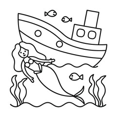 Mermaid swimming near sunken ship black and white line art for coloring book or educational resource