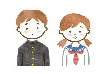 困った表情の学生男女のイラスト（教育・学習・感情表現素材）