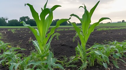 Obraz premium Young corn plants growing in fertile soil agricultural setting