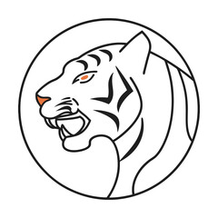 Minimalist vector illustration of a tiger head in profile with circular frame and orange accents