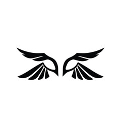 Minimalist vector logo black silhouette wings icon, geometric shapes, clean lines, centered on white background. Focus on balance and symmetry, aviation or freedom concept