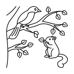 Outlined bird and squirrel illustration in tree branches with simple leaf designs black and white