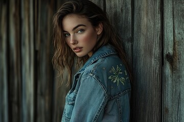 Fototapeta premium A young woman with long brown hair looks over her shoulder, wearing a denim jacket with embroidered details against a rustic wooden backdrop.